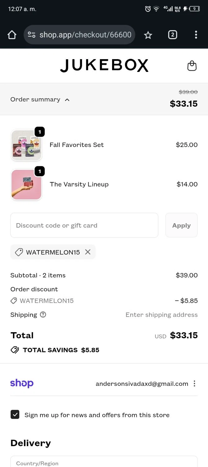 Jukebox promo code screenshot showing code WATERMELON15 applied at Jukebox checkout page. Uploaded by SimplyCodes community member Xx_Cogeburras3000_xX on Nov 22, 2025