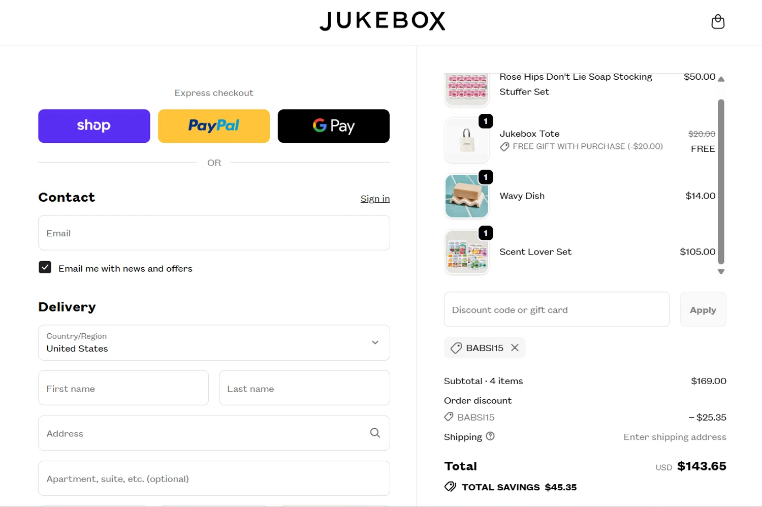 Jukebox promo code screenshot showing code BABSI15 applied at Jukebox checkout page. Uploaded by SimplyCodes community member berdetweet on Dec 28, 2025