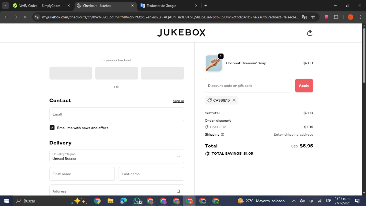 Jukebox promo code screenshot showing code Cassie15 applied at Jukebox checkout page. Uploaded by SimplyCodes community member VictoriousCaptain2658 on Dec 27, 2025