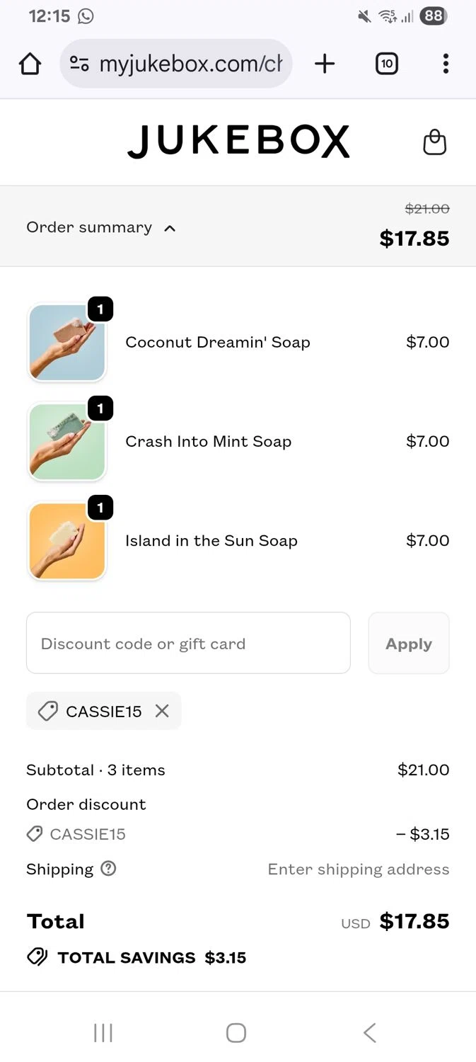 Jukebox promo code screenshot showing code Cassie15 applied at Jukebox checkout page. Uploaded by SimplyCodes community member KarinaHZ on Dec 27, 2025