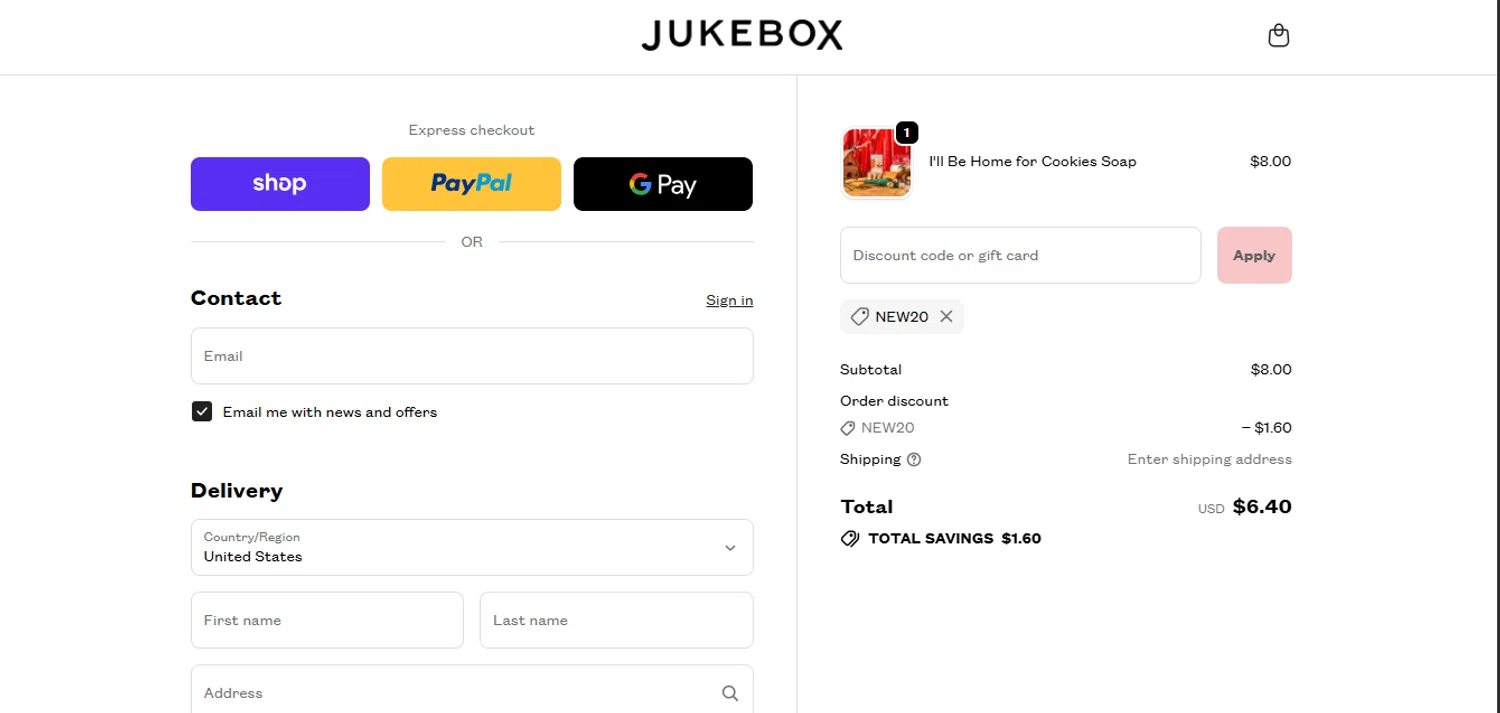 Jukebox promo code screenshot showing code NEW20 applied at Jukebox checkout page. Uploaded by SimplyCodes community member juanisaac on Nov 18, 2025