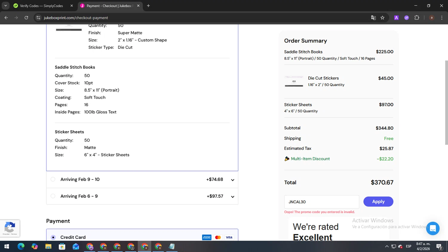 Jukebox Print promo code screenshot showing code JNCAL30 applied at Jukebox Print checkout page. Uploaded by SimplyCodes community member Andygar on Feb 4, 2026
