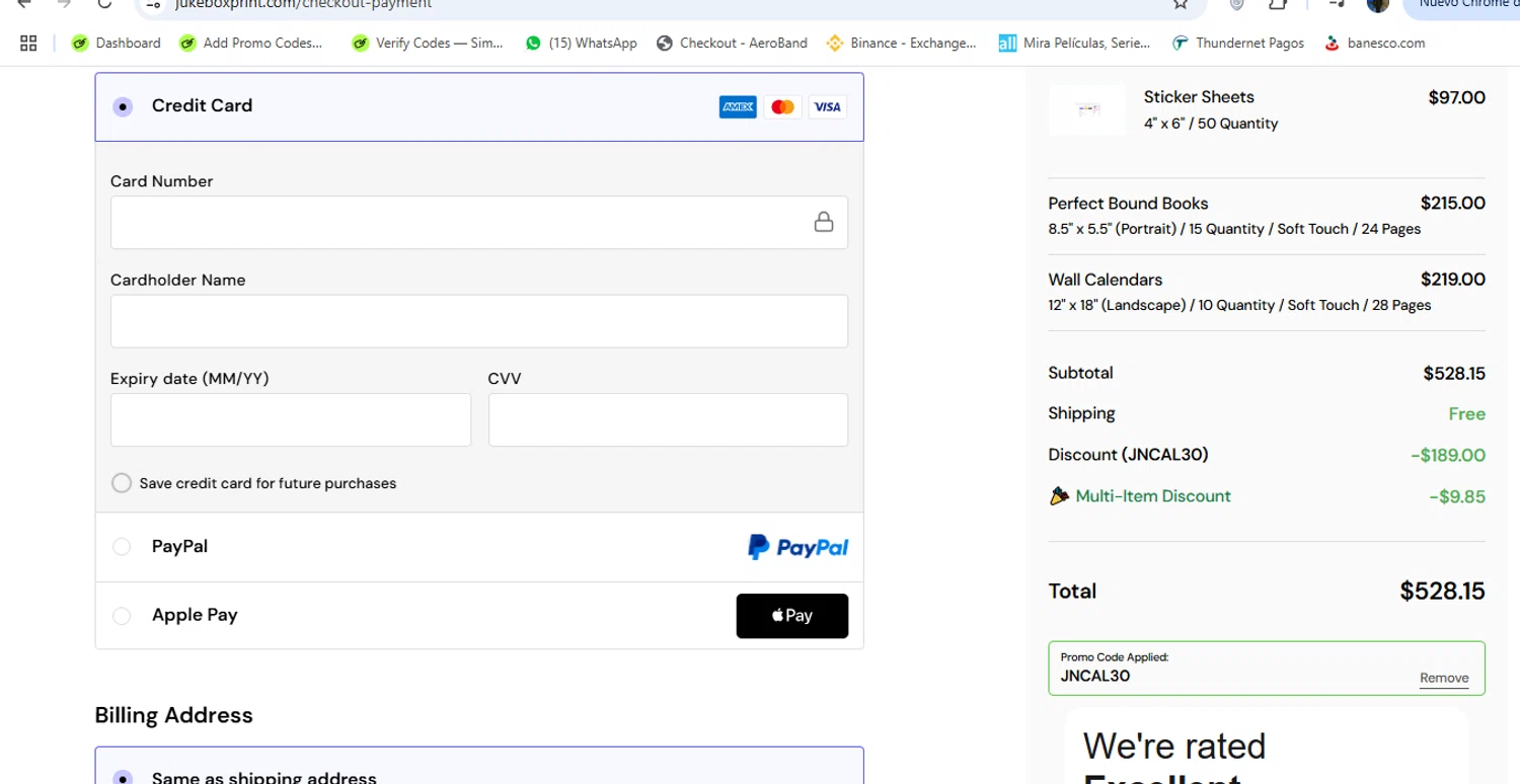 Jukebox Print promo code screenshot showing code JNCAL30 applied at Jukebox Print checkout page. Uploaded by SimplyCodes community member Loki_Odinson on Jan 12, 2026