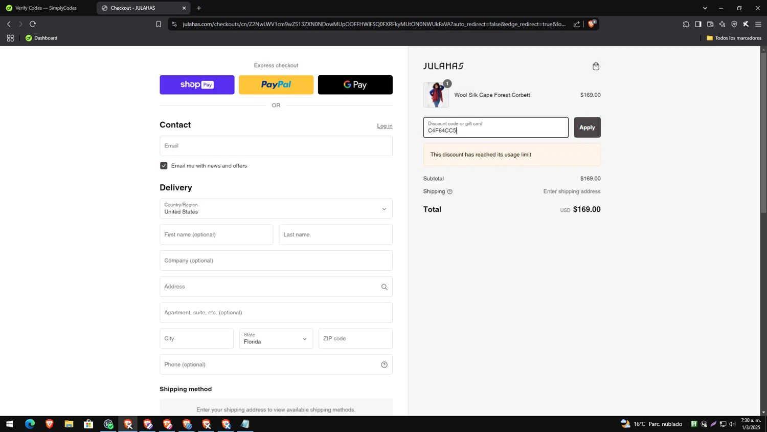 Julahas discount code screenshot showing code C4F64CC5 applied at Julahas checkout page. Uploaded by SimplyCodes community member genesisgafaro on Mar 1, 2025