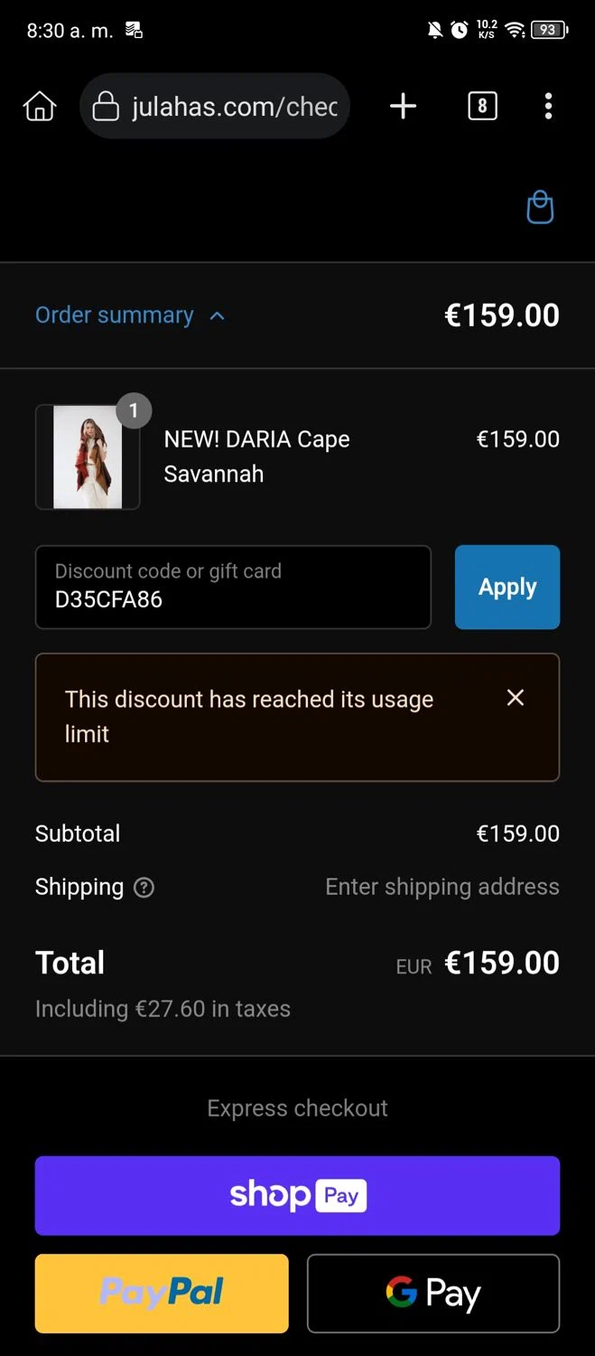 Julahas discount code screenshot showing code D35CFA86 applied at Julahas checkout page. Uploaded by SimplyCodes community member Kaizen on Jan 3, 2025