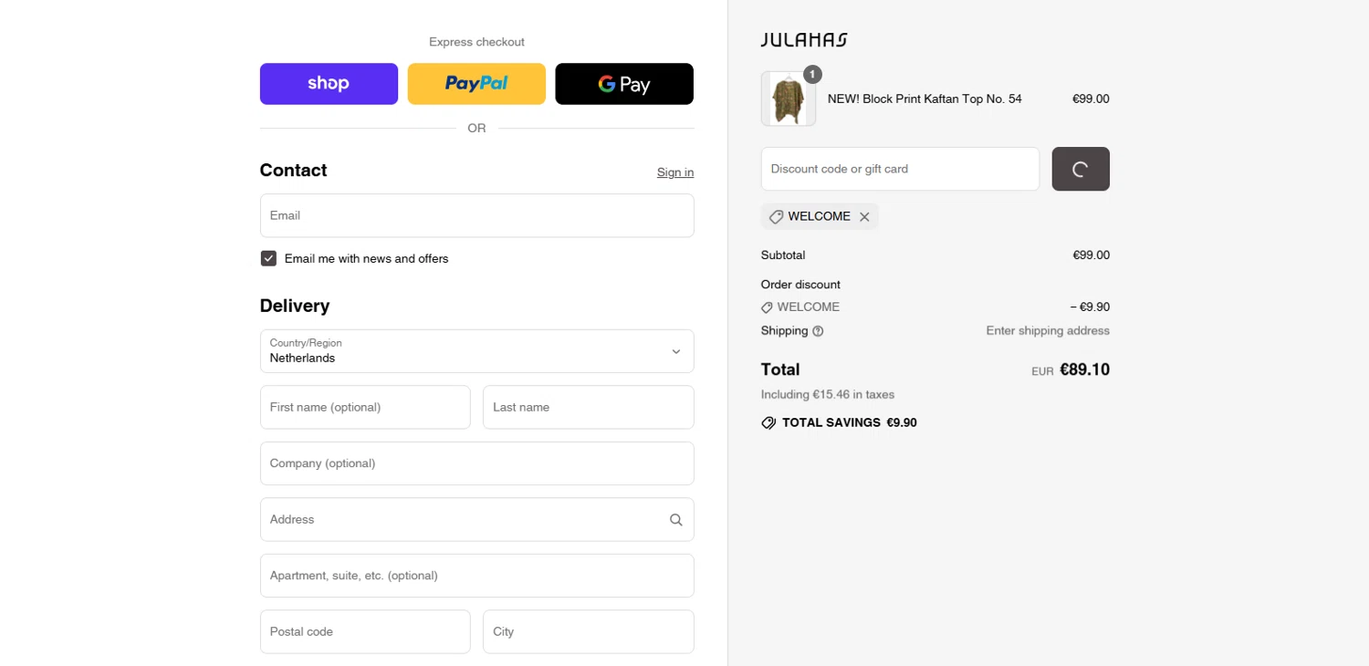 Julahas discount code screenshot showing code WELCOME applied at Julahas checkout page. Uploaded by SimplyCodes community member kalltrom21 on Sep 16, 2025