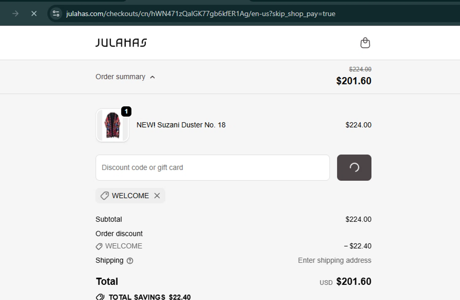 Julahas discount code screenshot showing code WELCOME applied at Julahas checkout page. Uploaded by SimplyCodes community member SalePro7215 on Oct 14, 2025