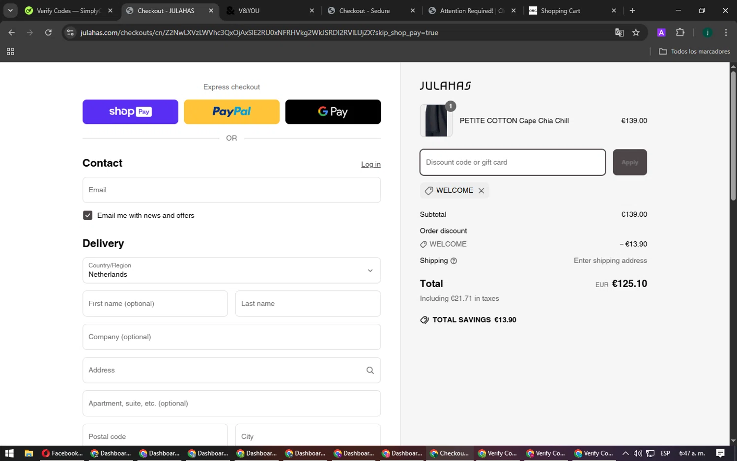 Julahas discount code screenshot showing code WELCOME applied at Julahas checkout page. Uploaded by SimplyCodes community member PromoPioneer7268 on Mar 25, 2025