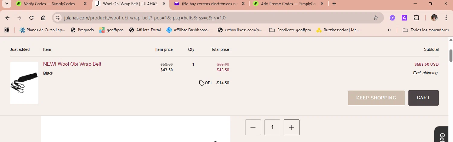Julahas discount code screenshot showing code OBI applied at Julahas checkout page. Uploaded by SimplyCodes community member luisaballera on Nov 2, 2025