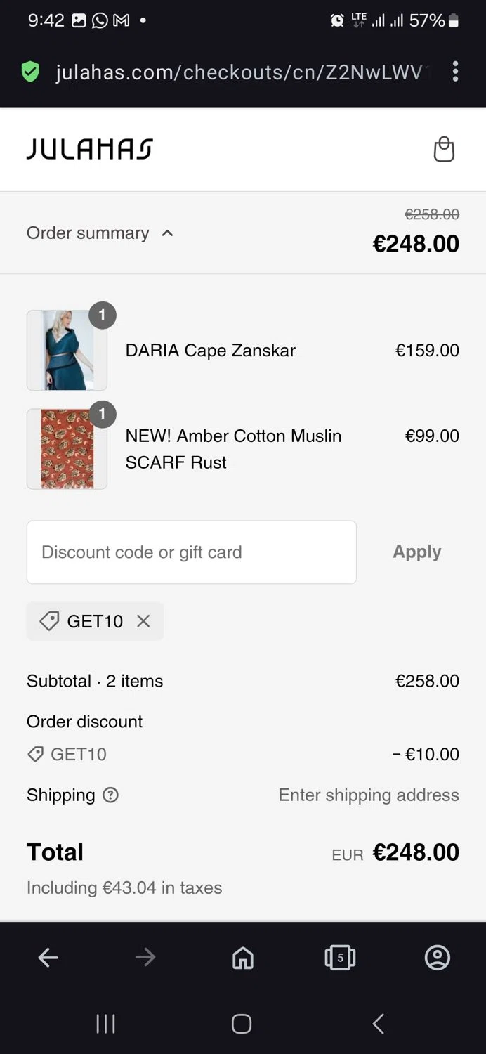 Julahas discount code screenshot showing code Get10 applied at Julahas checkout page. Uploaded by SimplyCodes community member vida5254427716958 on Feb 19, 2025