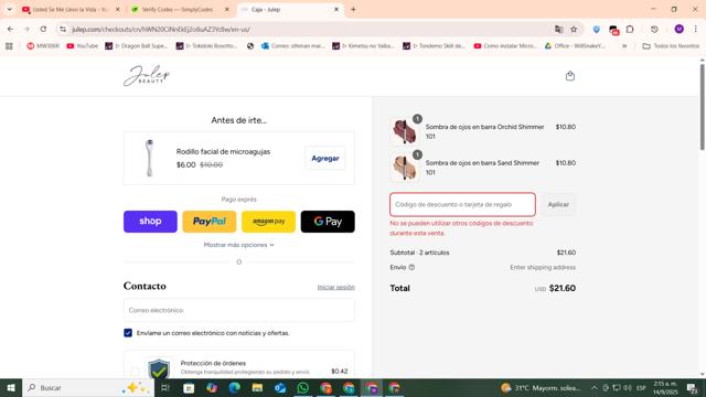 Julep checkout page showing Julep coupon code box | Screenshot taken by SimplyCodes community member on Sep 14, 2025