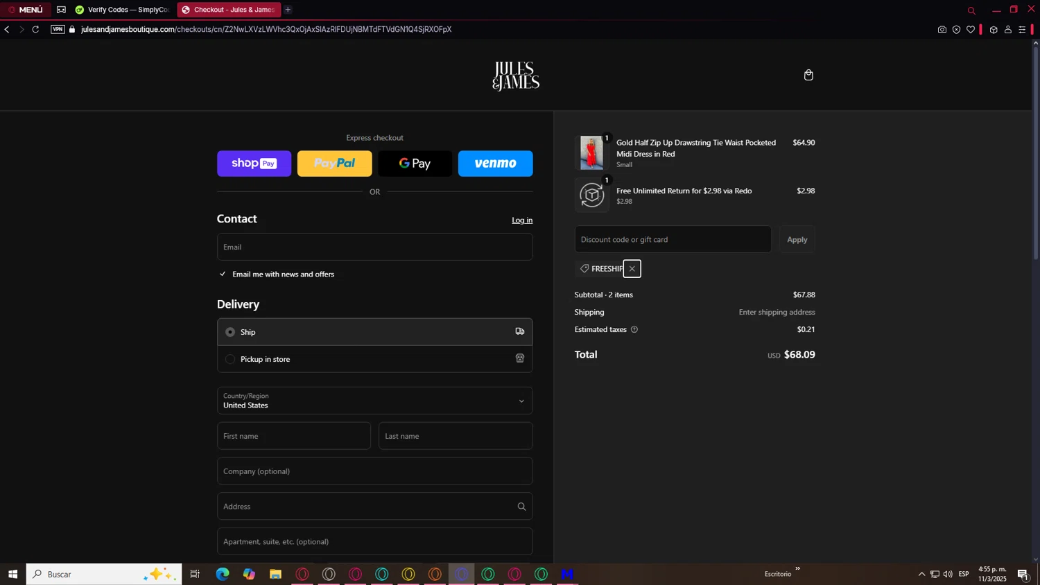 Jules & James promo code screenshot showing code FREESHIP applied at Jules & James checkout page. Uploaded by SimplyCodes community member DealCaptain7241 on Mar 11, 2025