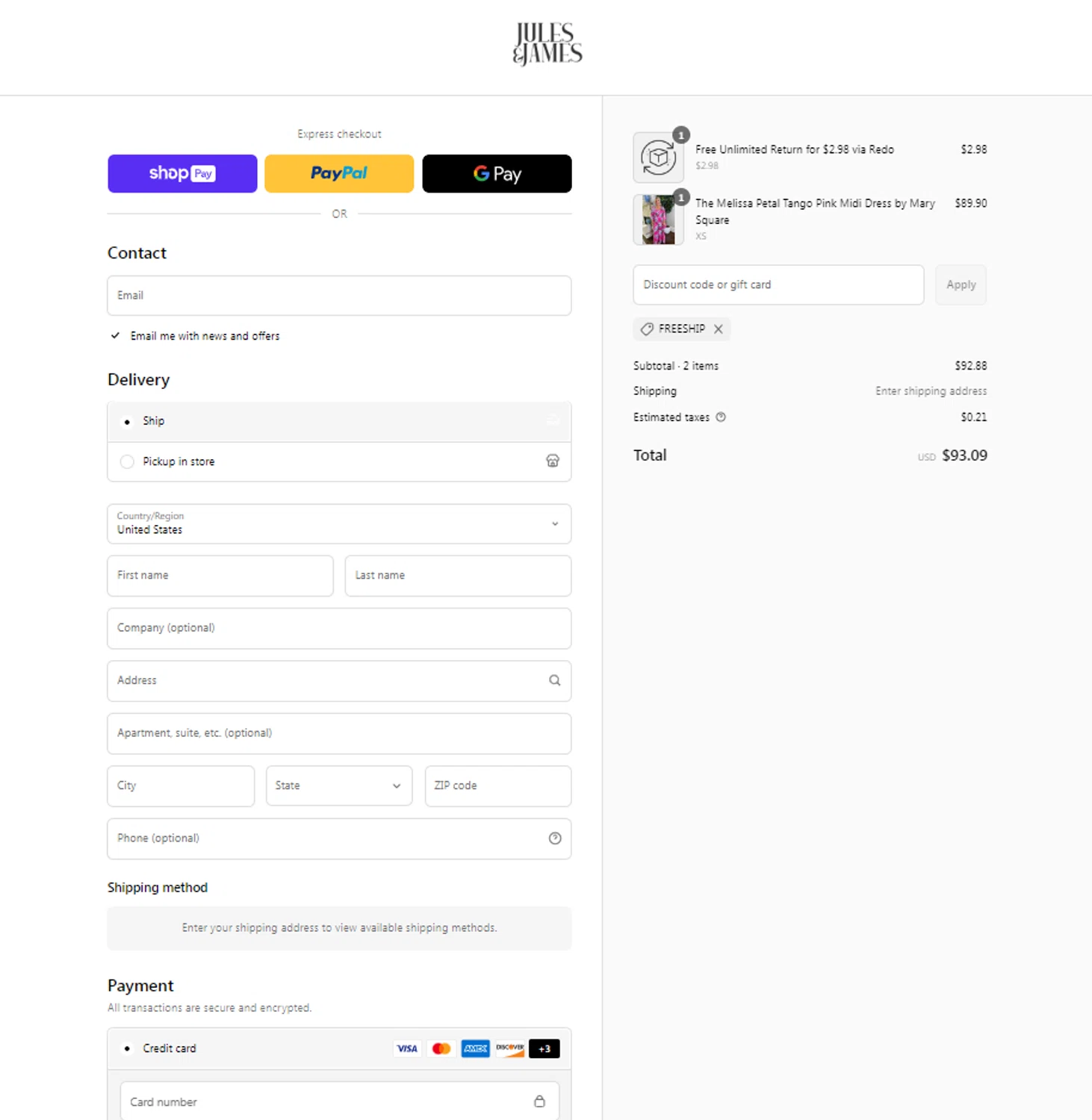 Jules & James promo code screenshot showing code FREESHIP applied at Jules & James checkout page. Uploaded by SimplyCodes community member Yonaikeryriarte08 on Apr 5, 2025
