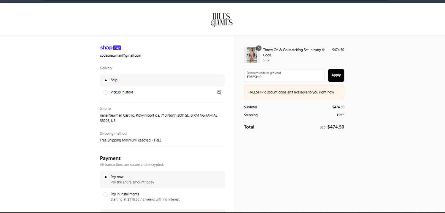 Jules & James promo code screenshot showing code FREESHIP applied at Jules & James checkout page. Uploaded by SimplyCodes community member laoriginal on Jul 1, 2025