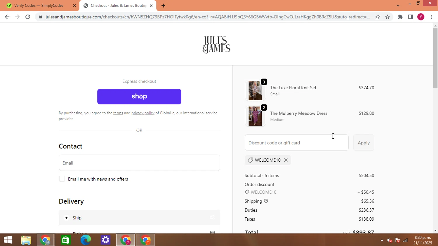 Jules & James promo code screenshot showing code WELCOME10 applied at Jules & James checkout page. Uploaded by SimplyCodes community member ThriftyWizard1508 on Nov 22, 2025