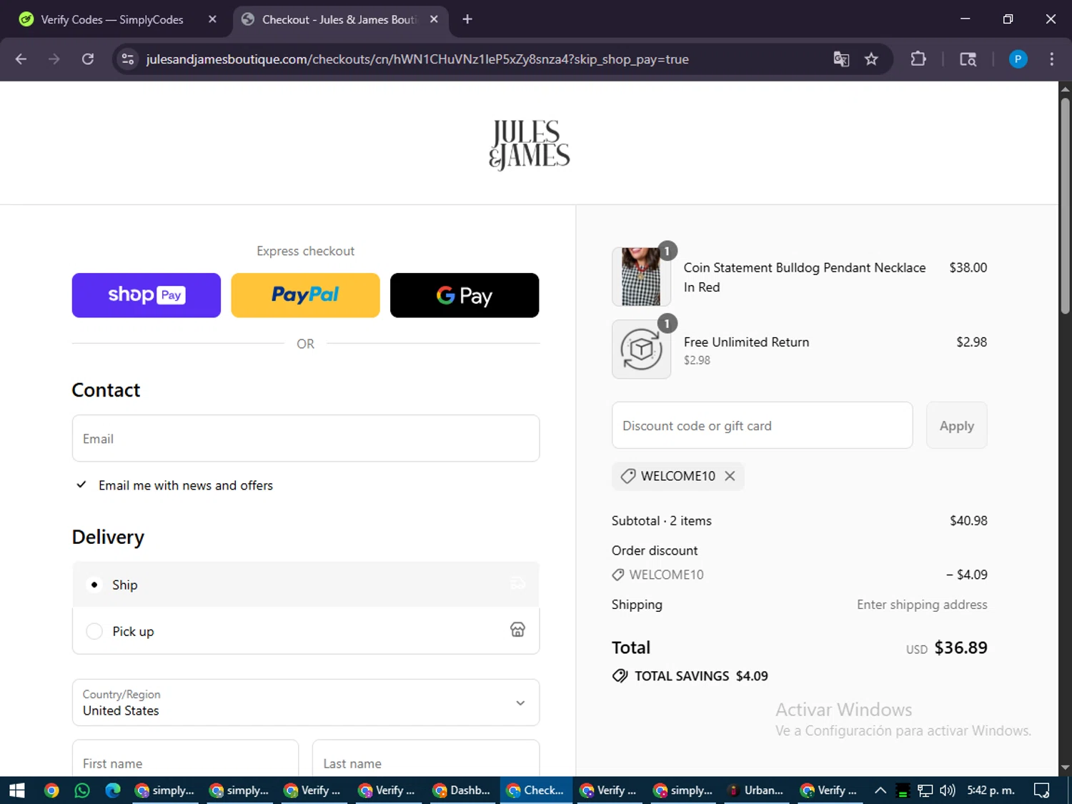 Jules & James promo code screenshot showing code WELCOME10 applied at Jules & James checkout page. Uploaded by SimplyCodes community member juiceWRLD on Jul 29, 2025