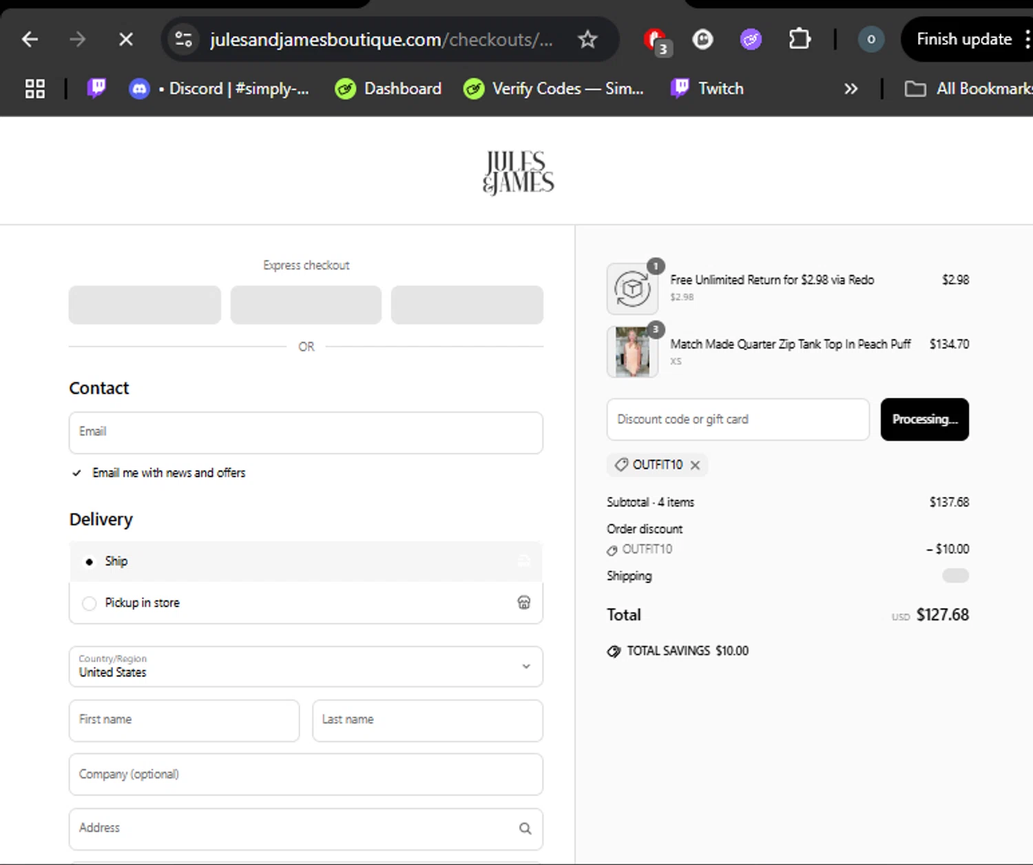 Jules & James promo code screenshot showing code outfit10 applied at Jules & James checkout page. Uploaded by SimplyCodes community member DealHero3744 on Jun 24, 2025