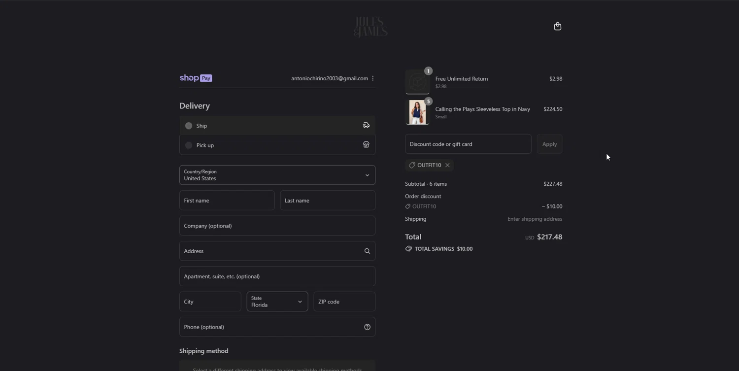 Jules & James promo code screenshot showing code outfit10 applied at Jules & James checkout page. Uploaded by SimplyCodes community member johnnybravo on Aug 11, 2025