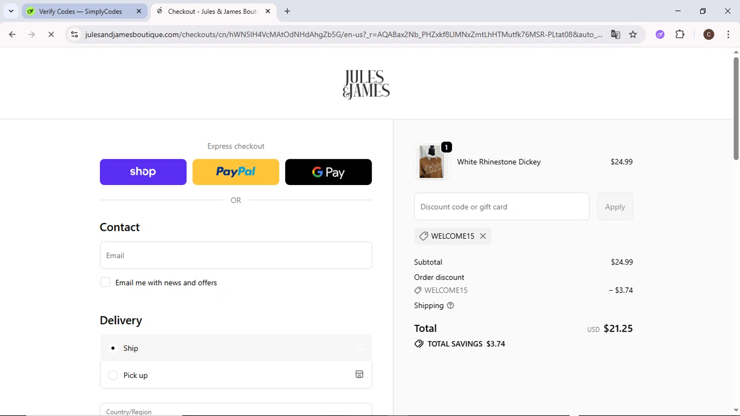 Jules & James promo code screenshot showing code welcome15 applied at Jules & James checkout page. Uploaded by SimplyCodes community member MoneyPilot9634 on Nov 27, 2025
