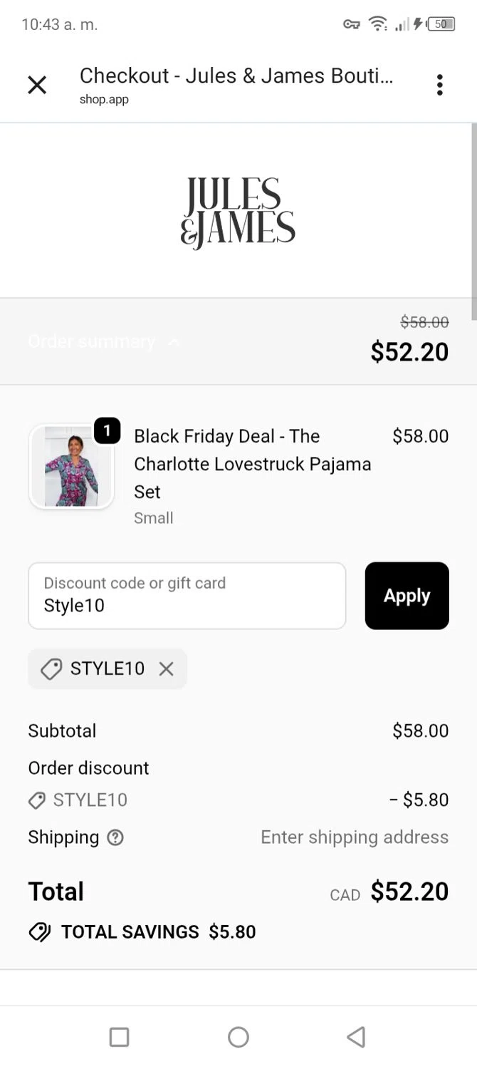 Jules & James promo code screenshot showing code Style10 applied at Jules & James checkout page. Uploaded by SimplyCodes community member tumiedo on Dec 1, 2025