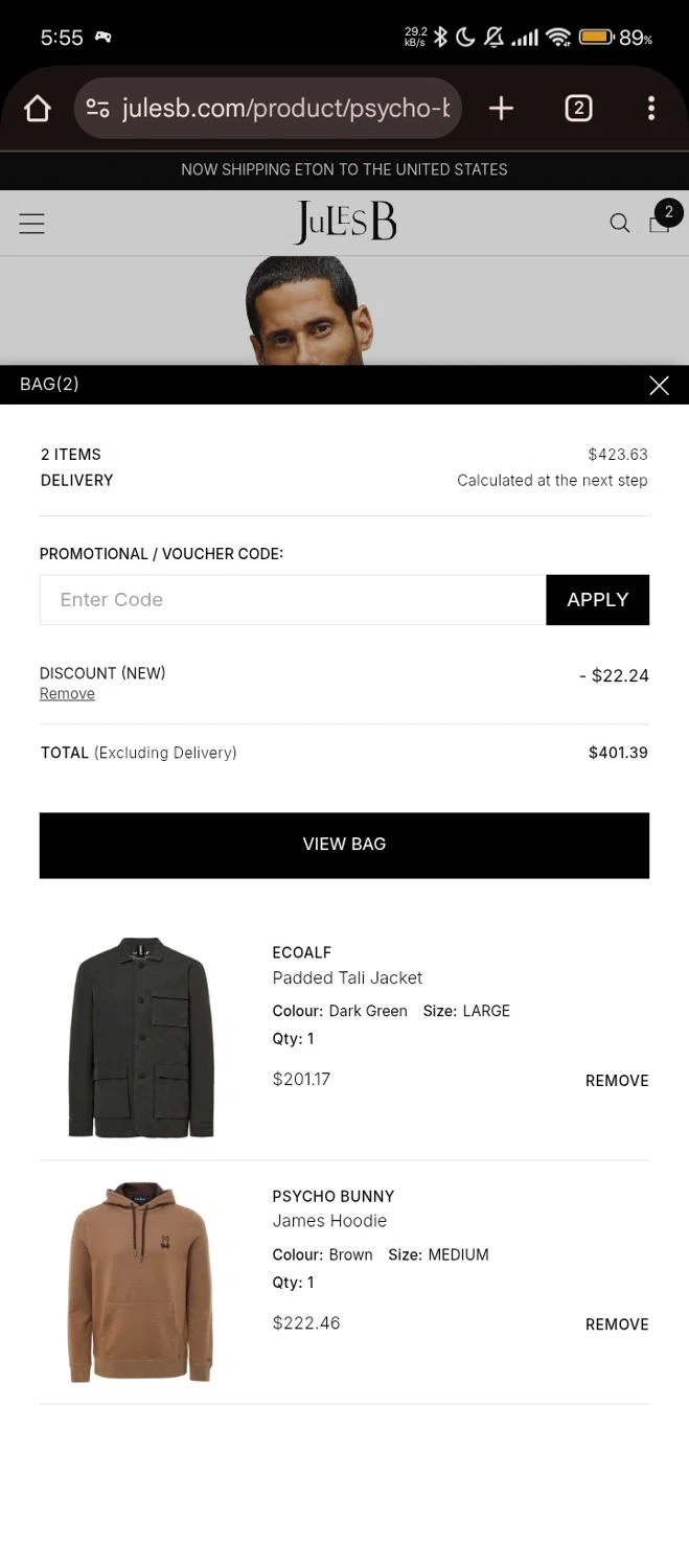 Jules B promo code screenshot showing code NEW applied at Jules B checkout page. Uploaded by SimplyCodes community member chinito on Oct 23, 2025