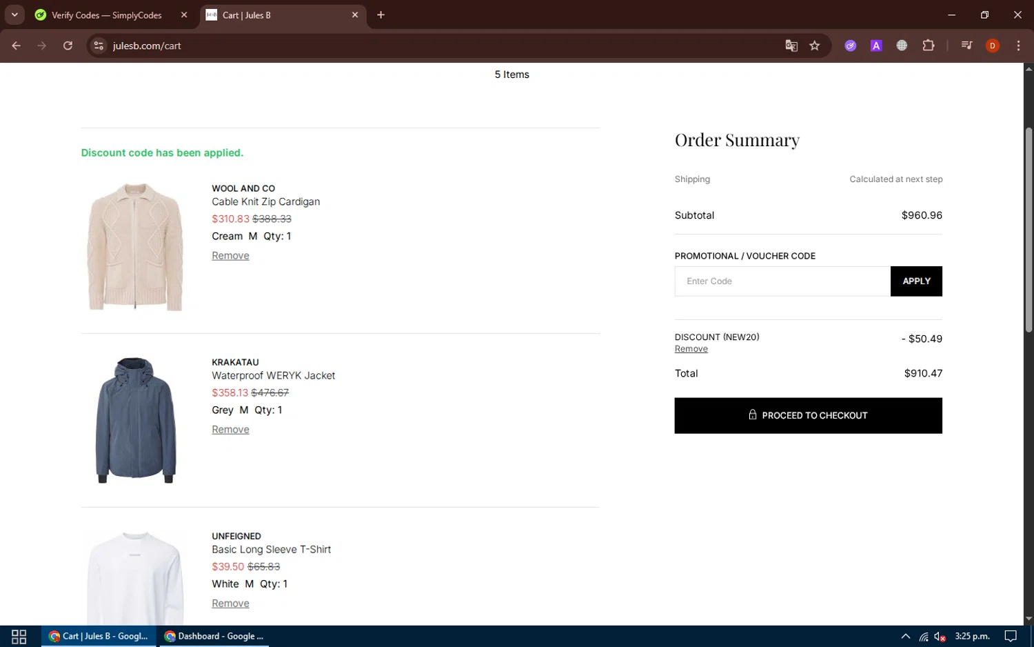 Jules B promo code screenshot showing code NEW20 applied at Jules B checkout page. Uploaded by SimplyCodes community member PeachPrincesa on Nov 1, 2025