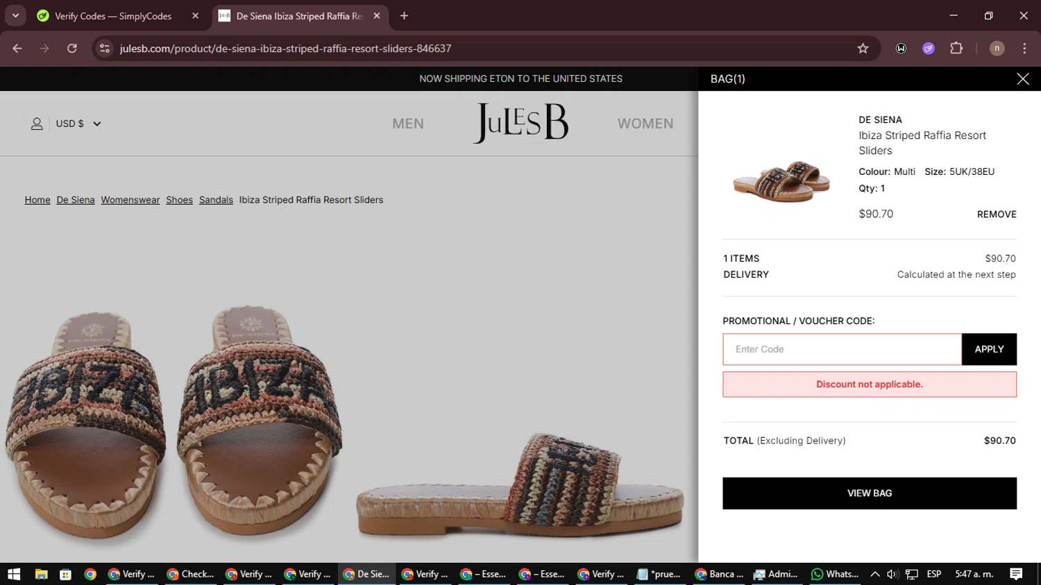 Jules B promo code screenshot showing code NEW20 applied at Jules B checkout page. Uploaded by SimplyCodes community member SmartWarden8713 on Oct 3, 2025