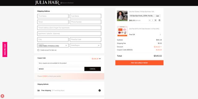 Julia hair checkout page showing Julia hair coupon code box | Screenshot taken by SimplyCodes community member on Aug 1, 2025