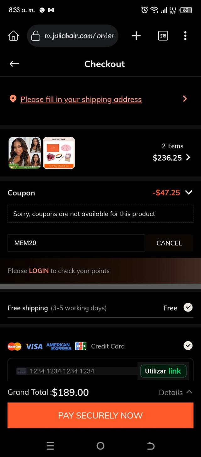 Julia hair checkout page showing Julia hair coupon code box | Screenshot taken by SimplyCodes community member on Jun 4, 2025