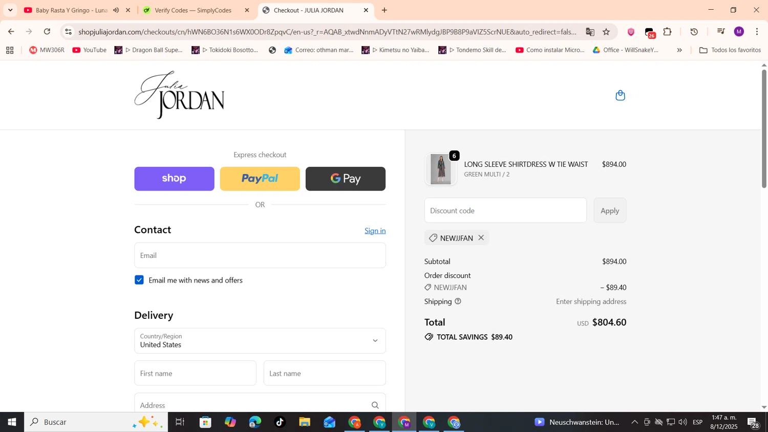Julia Jordan checkout page showing Julia Jordan promo code box | Screenshot taken by SimplyCodes community member on Dec 8, 2025