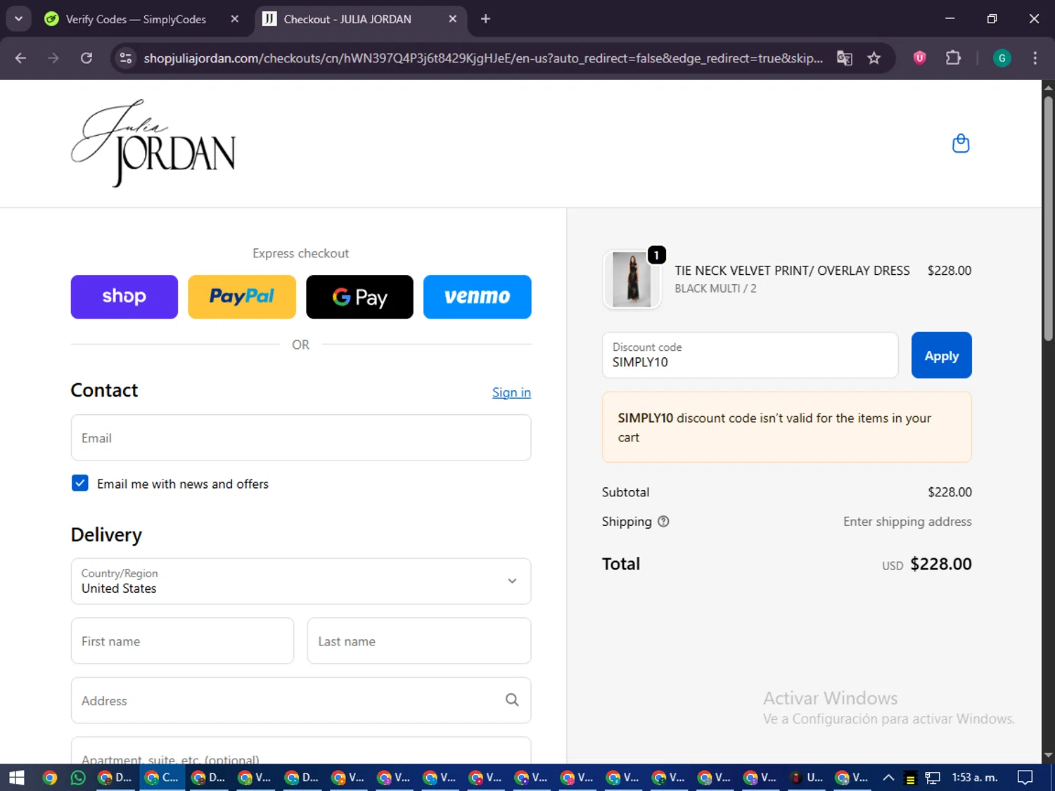 Julia Jordan promo code screenshot showing code SIMPLY10 applied at Julia Jordan checkout page. Uploaded by SimplyCodes community member PennyFinder5759 on Sep 19, 2025