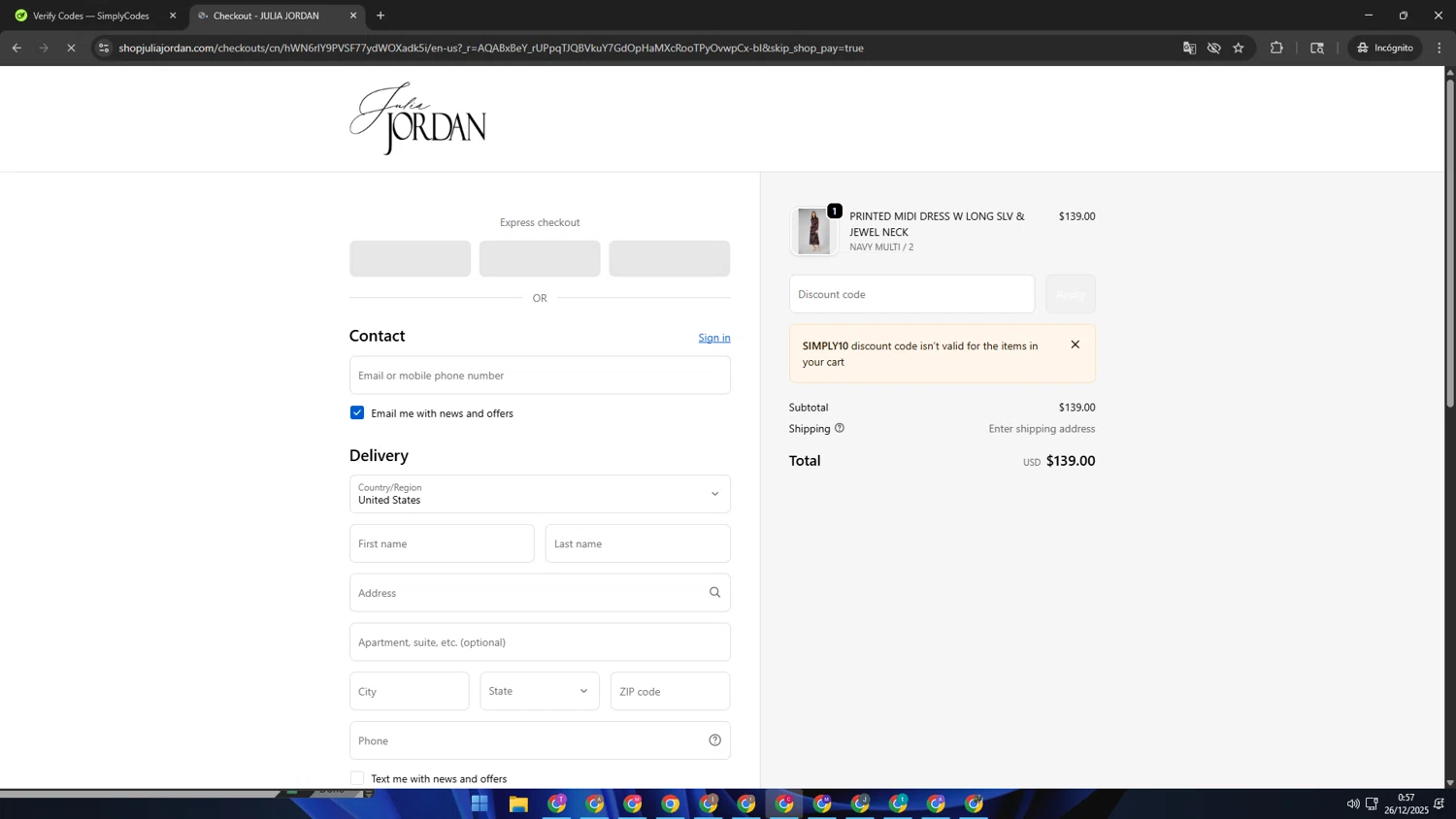 Julia Jordan promo code screenshot showing code SIMPLY10 applied at Julia Jordan checkout page. Uploaded by SimplyCodes community member TOROREX250 on Dec 26, 2025