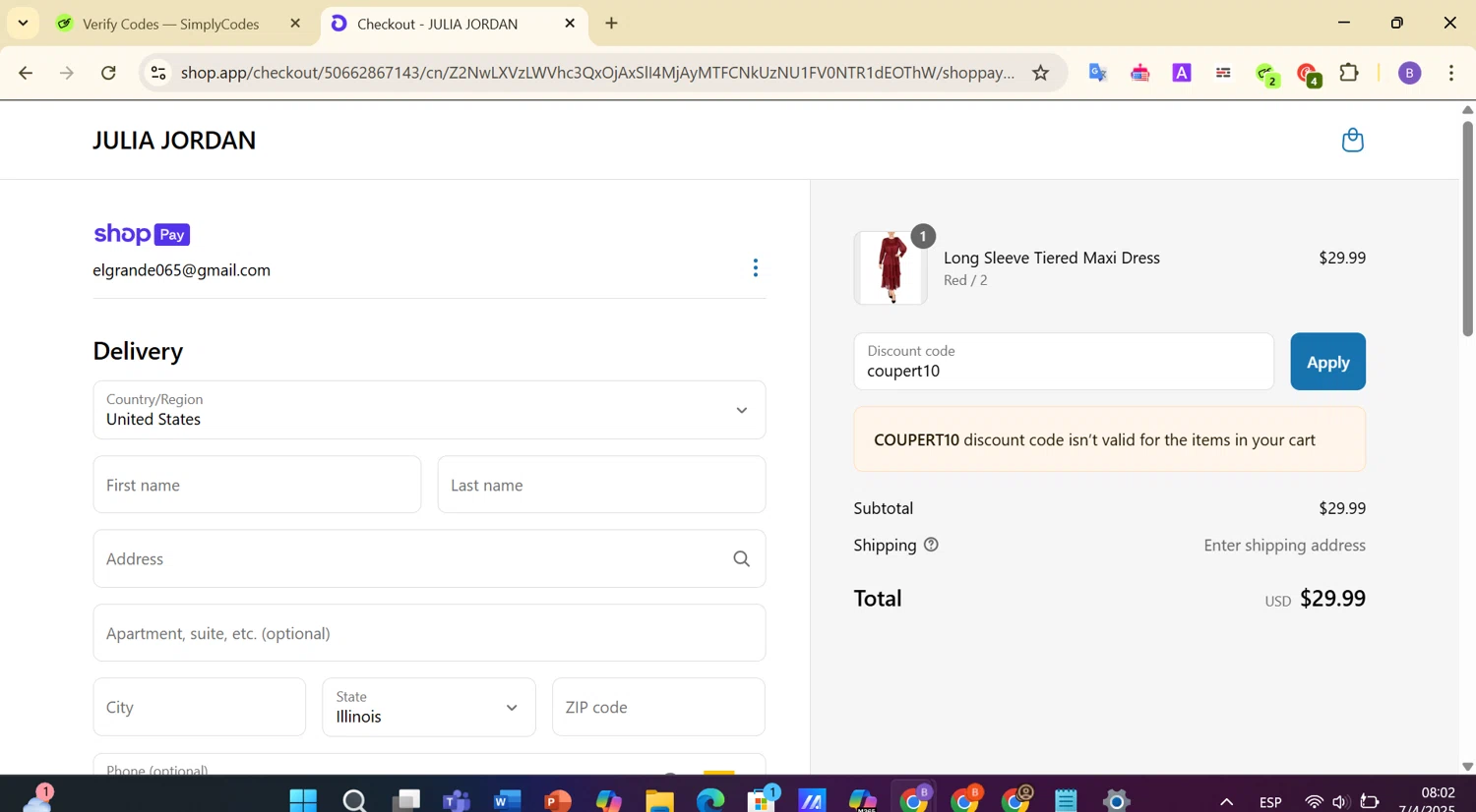 Julia Jordan promo code screenshot showing code coupert10 applied at Julia Jordan checkout page. Uploaded by SimplyCodes community member BargainCurator1325 on Apr 7, 2025