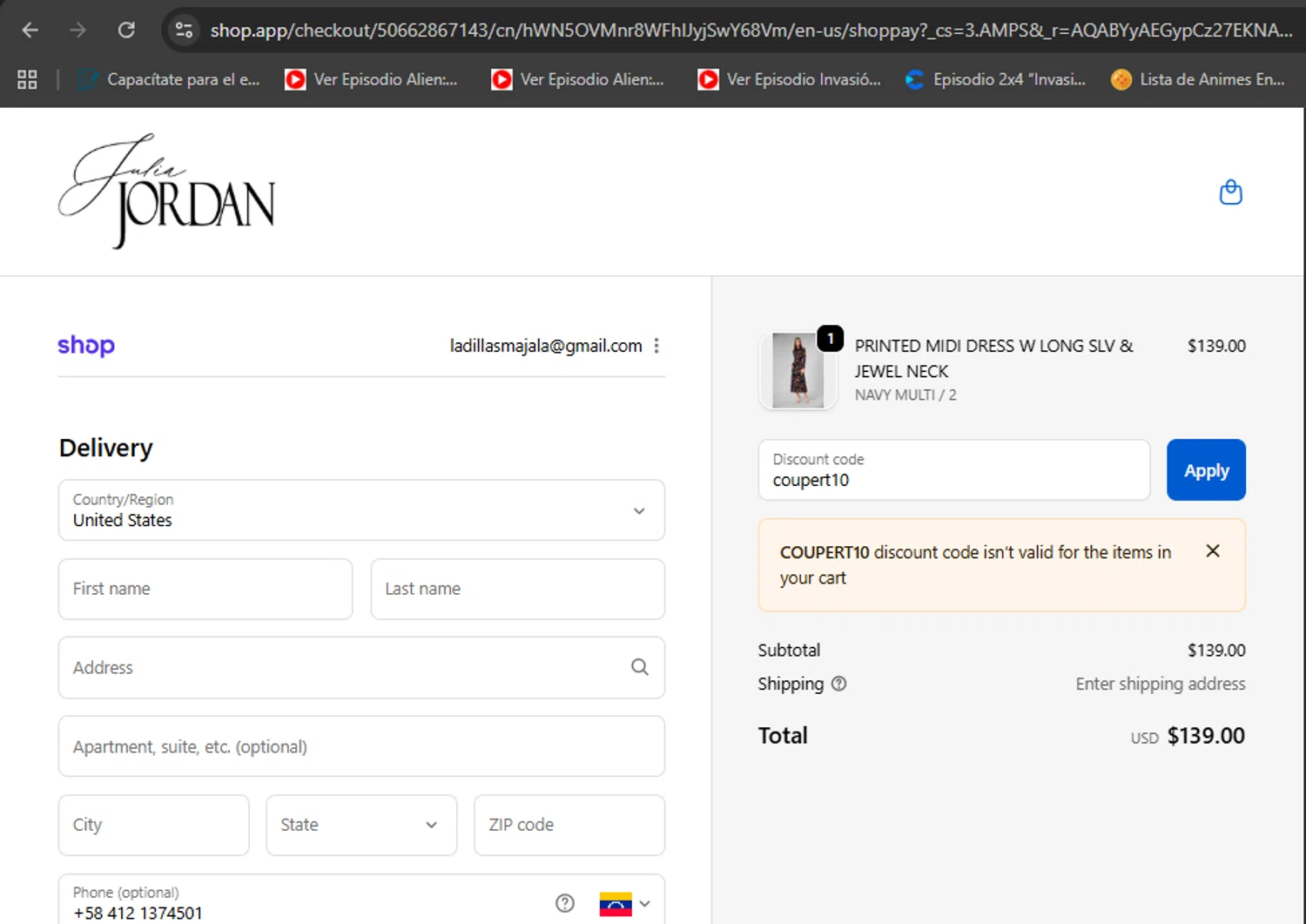 Julia Jordan promo code screenshot showing code coupert10 applied at Julia Jordan checkout page. Uploaded by SimplyCodes community member eduardolopez on Nov 17, 2025