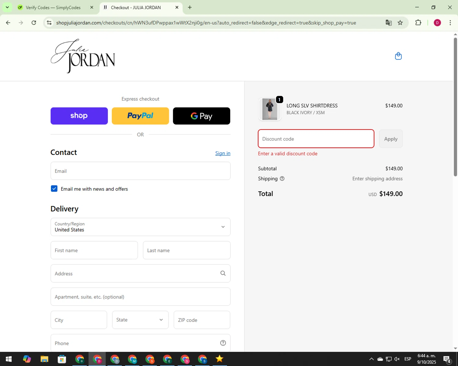 Julia Jordan promo code screenshot showing code SSPOUT40 applied at Julia Jordan checkout page. Uploaded by SimplyCodes community member 000012 on Oct 9, 2025