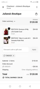 Juliana's Boutique coupon verification screenshot