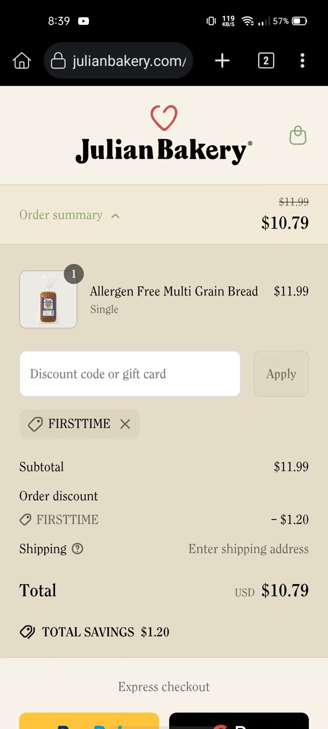 Julian Bakery promo code screenshot showing code FIRSTTIME applied at Julian Bakery checkout page. Uploaded by SimplyCodes community member Wonderwoman82 on Jun 22, 2025