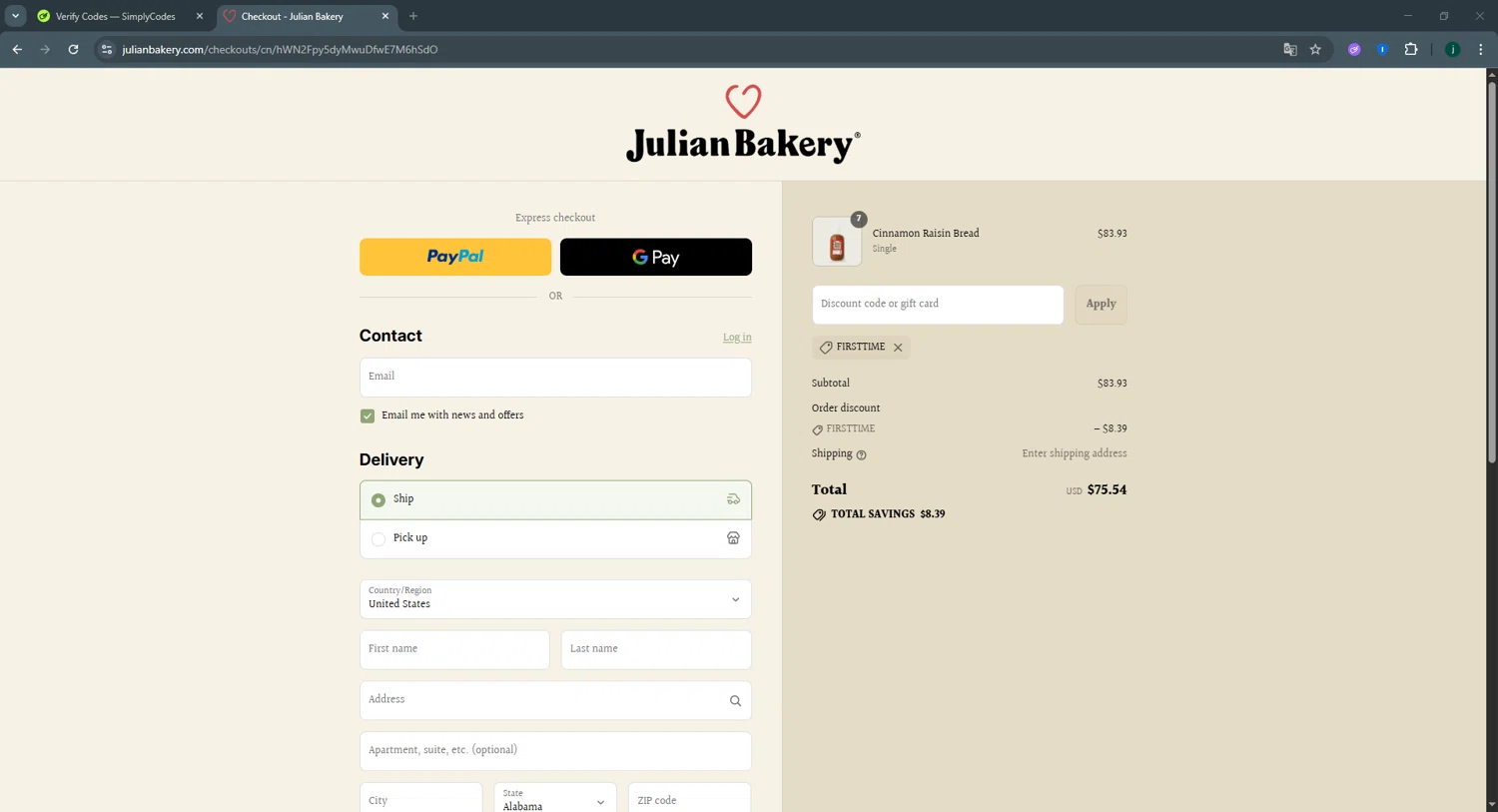 Julian Bakery promo code screenshot showing code FIRSTTIME applied at Julian Bakery checkout page. Uploaded by SimplyCodes community member abcdefg321 on Aug 26, 2025