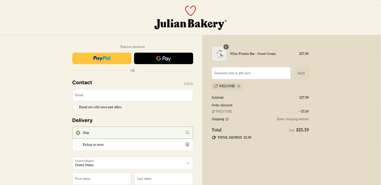 Julian Bakery promo code screenshot showing code WELCOME applied at Julian Bakery checkout page. Uploaded by SimplyCodes community member kalltrom21 on Jul 14, 2025