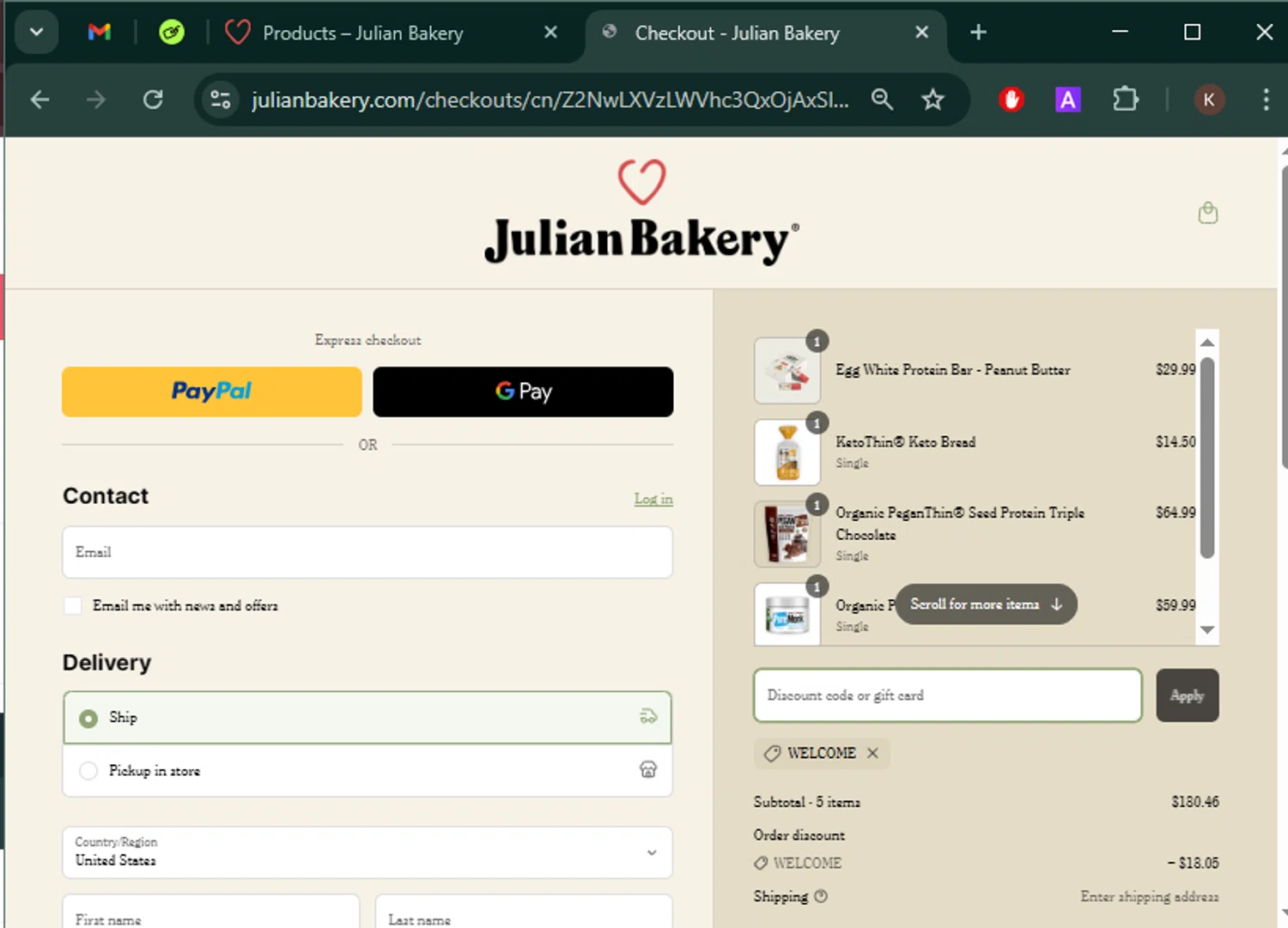 Julian Bakery promo code screenshot showing code WELCOME applied at Julian Bakery checkout page. Uploaded by SimplyCodes community member Keilynkeyonshea on Mar 29, 2025