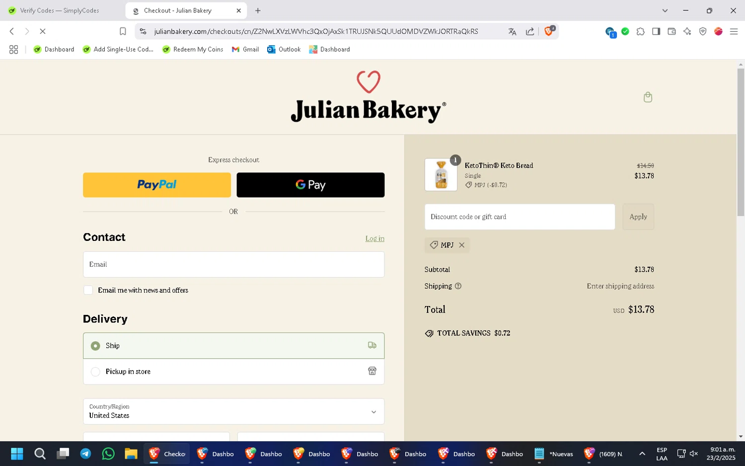 Julian Bakery promo code screenshot showing code MPJ applied at Julian Bakery checkout page. Uploaded by SimplyCodes community member Wukong on Feb 23, 2025