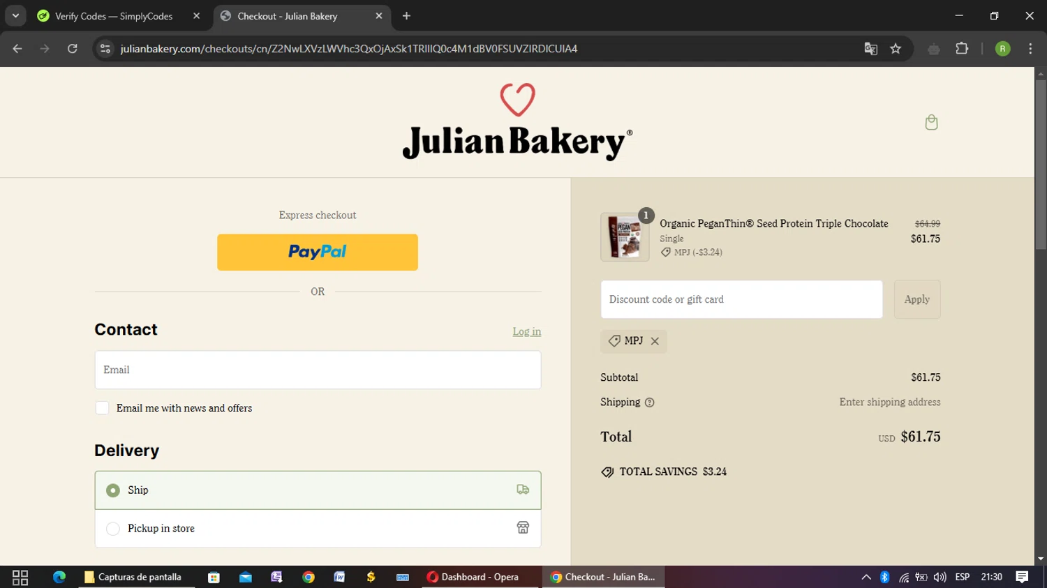 Julian Bakery promo code screenshot showing code MPJ applied at Julian Bakery checkout page. Uploaded by SimplyCodes community member Kulomii on Feb 23, 2025