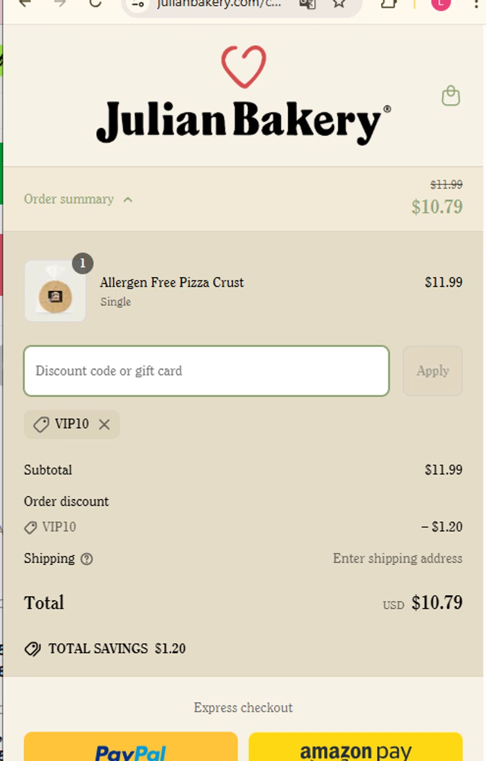 Julian Bakery promo code screenshot showing code Vip10 applied at Julian Bakery checkout page. Uploaded by SimplyCodes community member usermariee on Apr 7, 2025