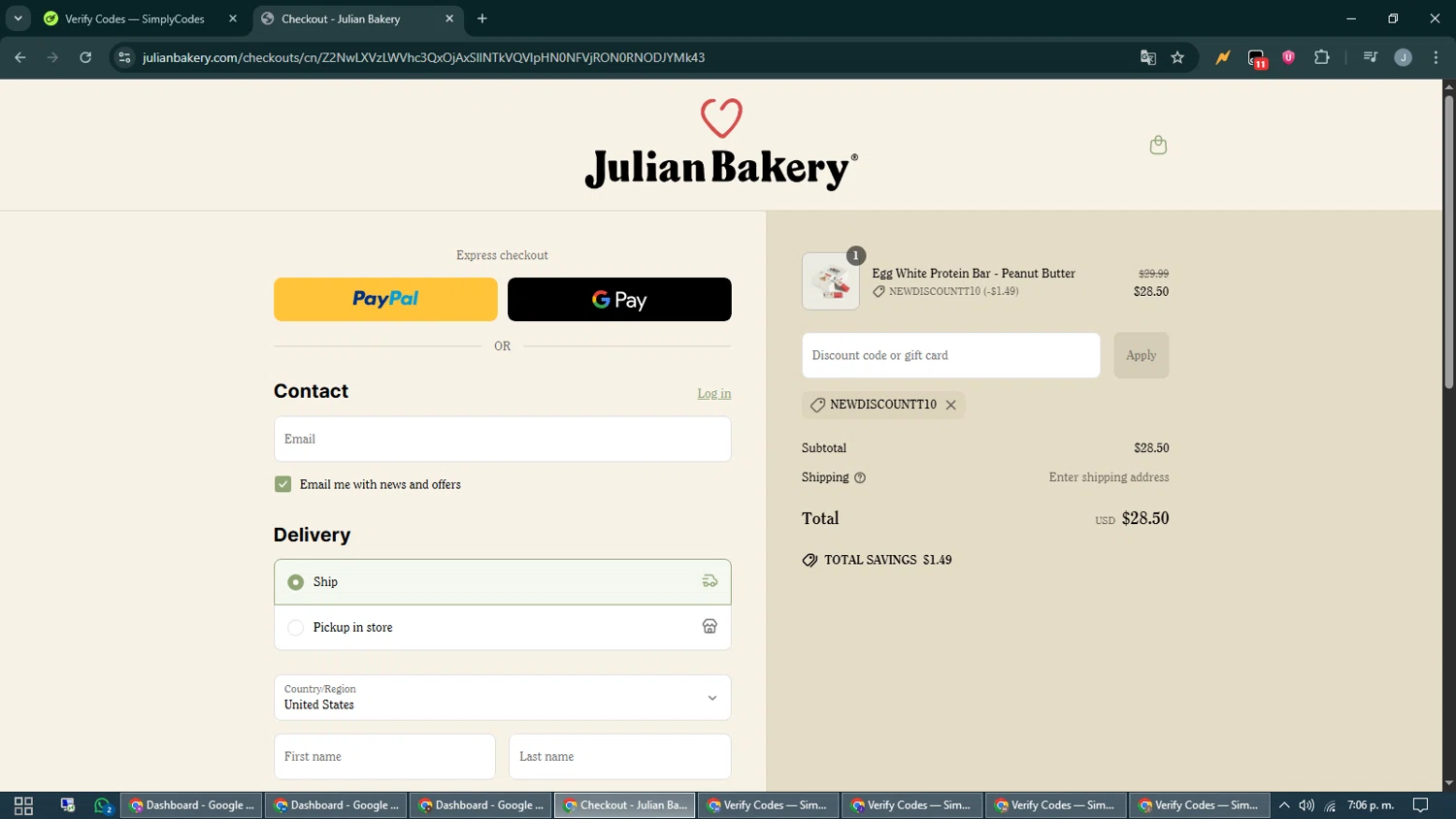 Julian Bakery promo code screenshot showing code Newdiscountt10 applied at Julian Bakery checkout page. Uploaded by SimplyCodes community member CashShopper1214 on Jun 25, 2025
