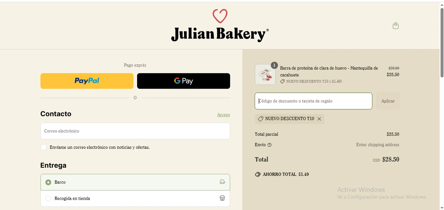 Julian Bakery promo code screenshot showing code Newdiscountt10 applied at Julian Bakery checkout page. Uploaded by SimplyCodes community member Francisco on Mar 30, 2025