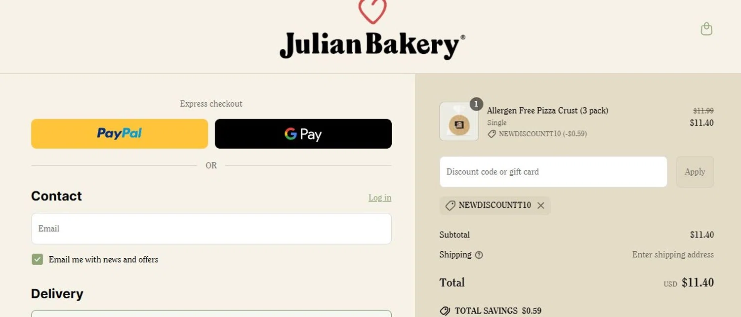 Julian Bakery promo code screenshot showing code Newdiscountt10 applied at Julian Bakery checkout page. Uploaded by SimplyCodes community member Olorinnnnn on Jun 10, 2025