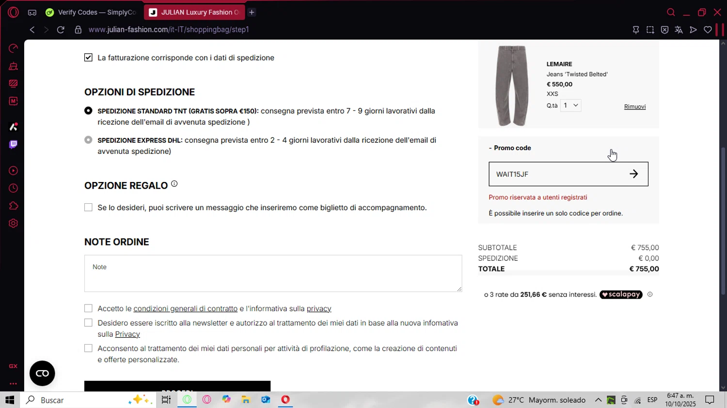 Julian Fashion promo code screenshot showing code WAIT15JF applied at Julian Fashion checkout page. Uploaded by SimplyCodes community member CrownWizard8571 on Oct 10, 2025