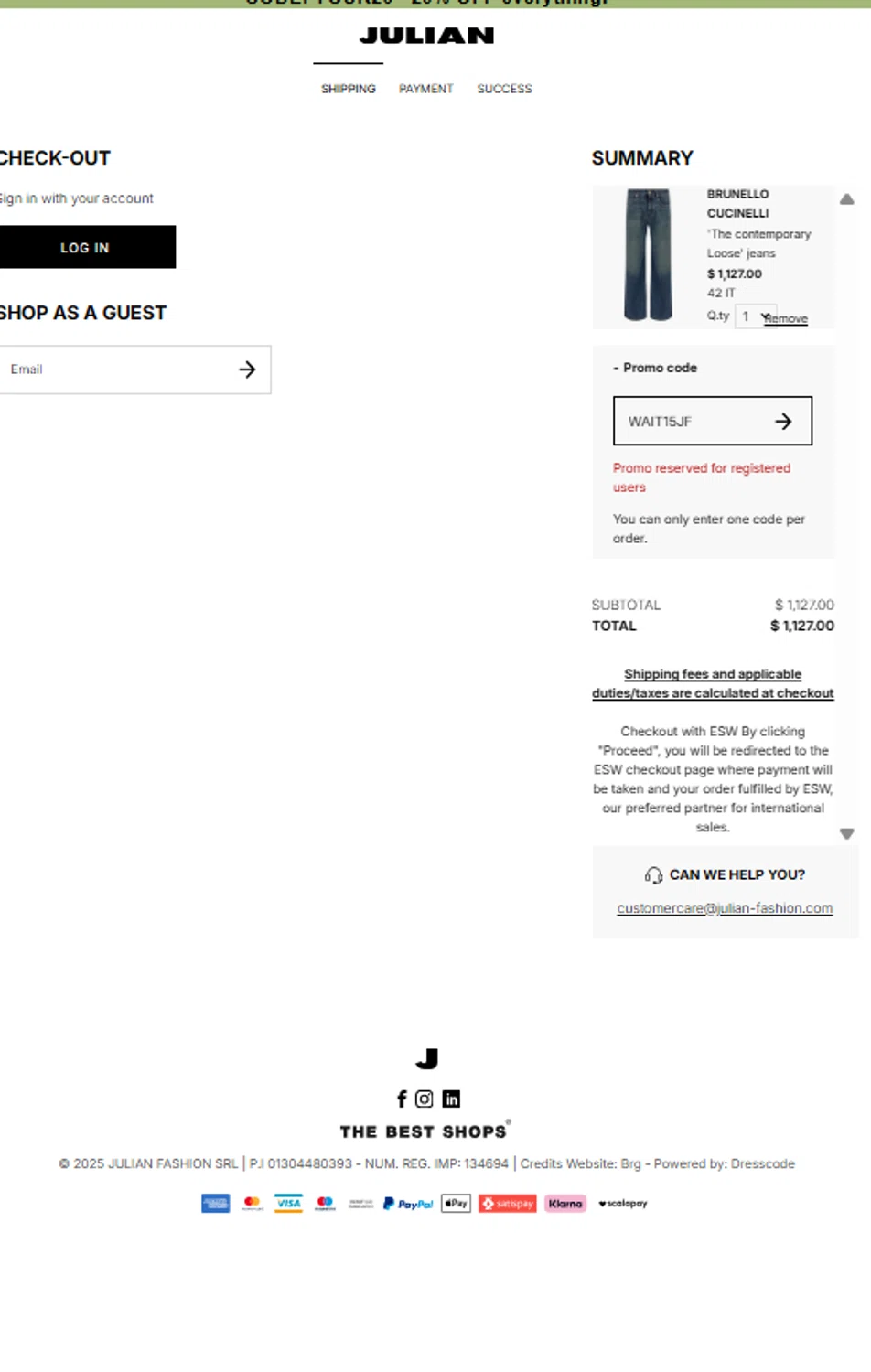 Julian Fashion promo code screenshot showing code WAIT15JF applied at Julian Fashion checkout page. Uploaded by SimplyCodes community member ElonMusk on Oct 10, 2025