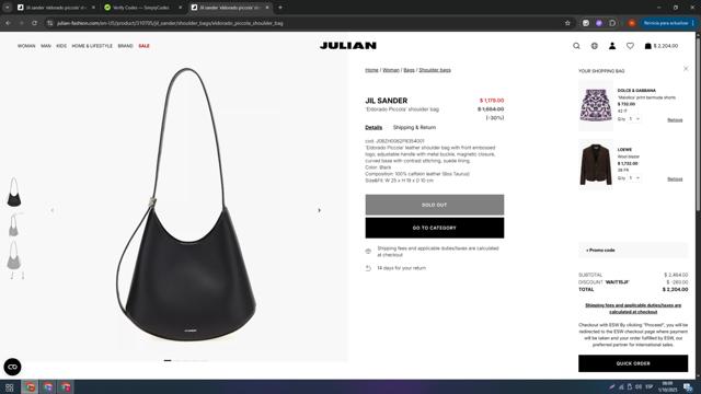 Julian Fashion checkout page showing Julian Fashion promo code box | Screenshot taken by SimplyCodes community member on Oct 1, 2025