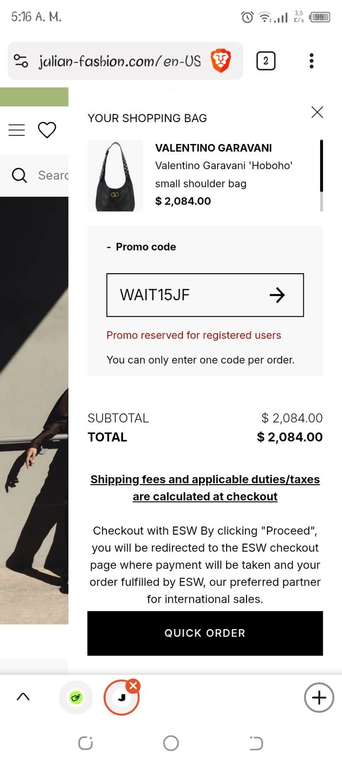 Julian Fashion promo code screenshot showing code WAIT15JF applied at Julian Fashion checkout page. Uploaded by SimplyCodes community member peterjanse on Oct 10, 2025